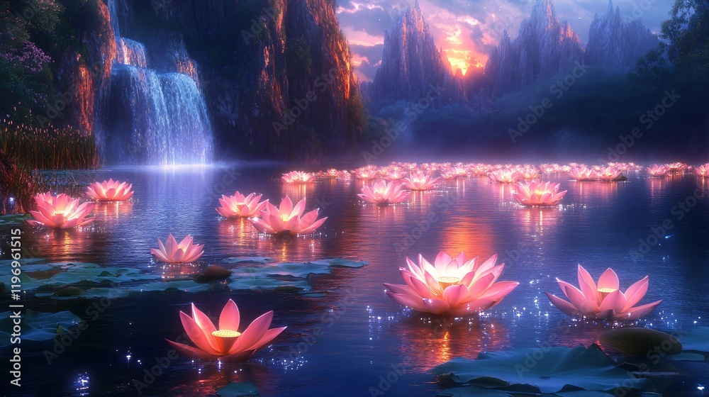 Fototapeta premium A magical lake glowing with sparkling lotus flowers and surrounded by colorful cliffs