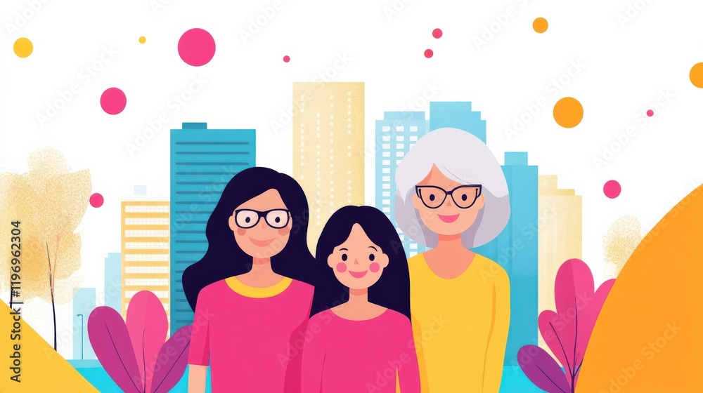 Three Generations of Women Together in Urban Setting with Colorful Background and Cheerful Atmosphere Three Generations of Women Together in Urban Setting with Colorful Background and Cheerful Atmosphere