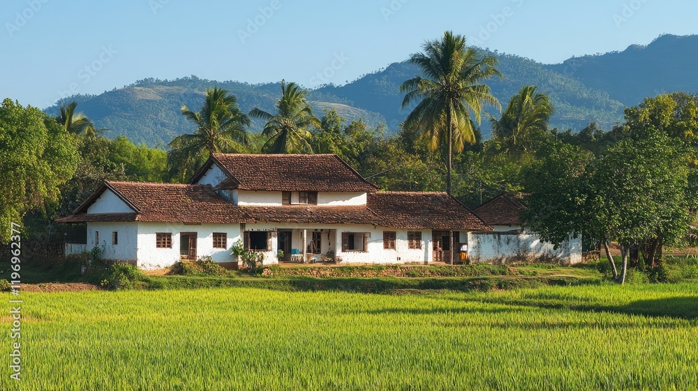 Tranquil Countryside House Amidst Lush Rice Paddies and Mountains Tranquil Countryside House Amidst Lush Rice Paddies and Mountains