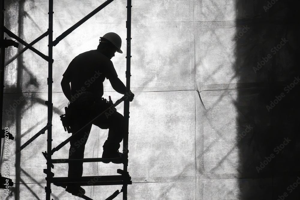 Fototapeta premium Construction worker climbs scaffolding during daylight hours at a building site