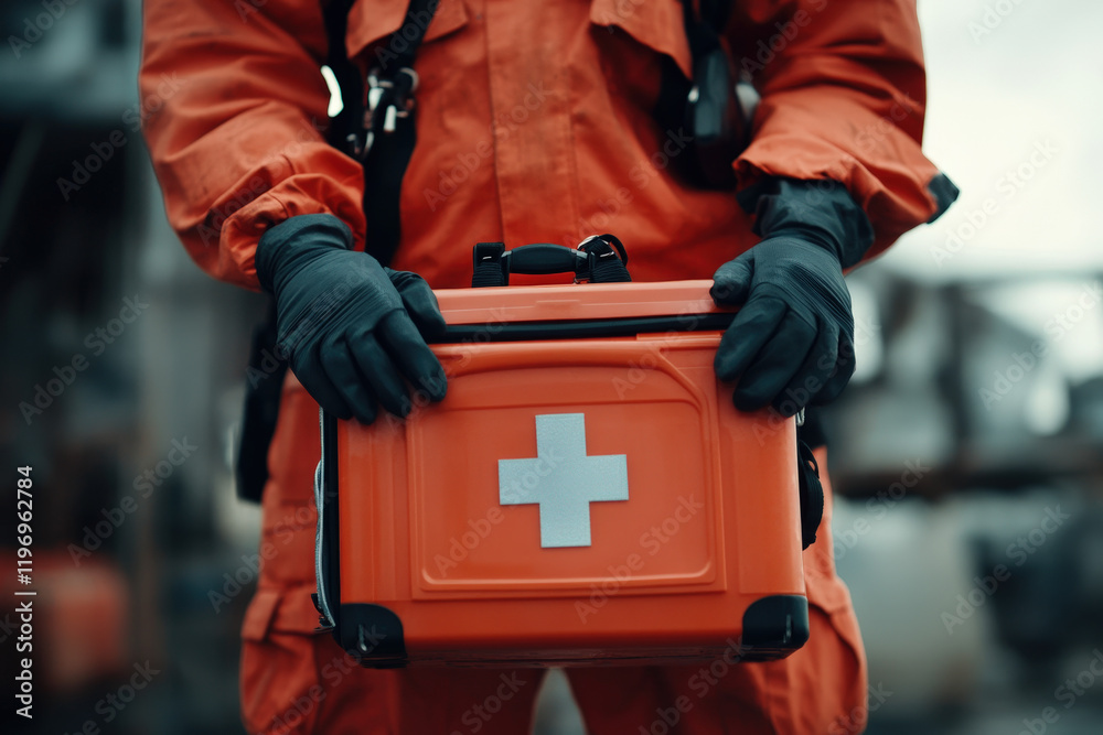 Fototapeta premium Emergency Responder Holding a Red First Aid Kit