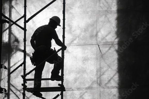 Construction worker climbs scaffolding during daylight hours at a building site