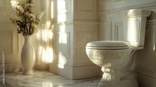 A close-up of a white toilet bowl with a decorative seat in a spacious, stylish bathroom with soft, neutral tones. photo