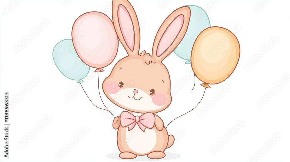 Cute bunny with balloons celebrating in a bright environment whimsical art style Cute bunny with balloons celebrating in a bright environment whimsical art style