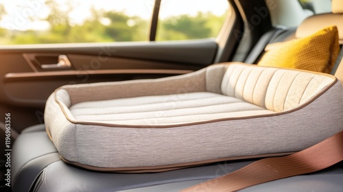 A cozy pet bed placed in a car, designed for comfort during travel.