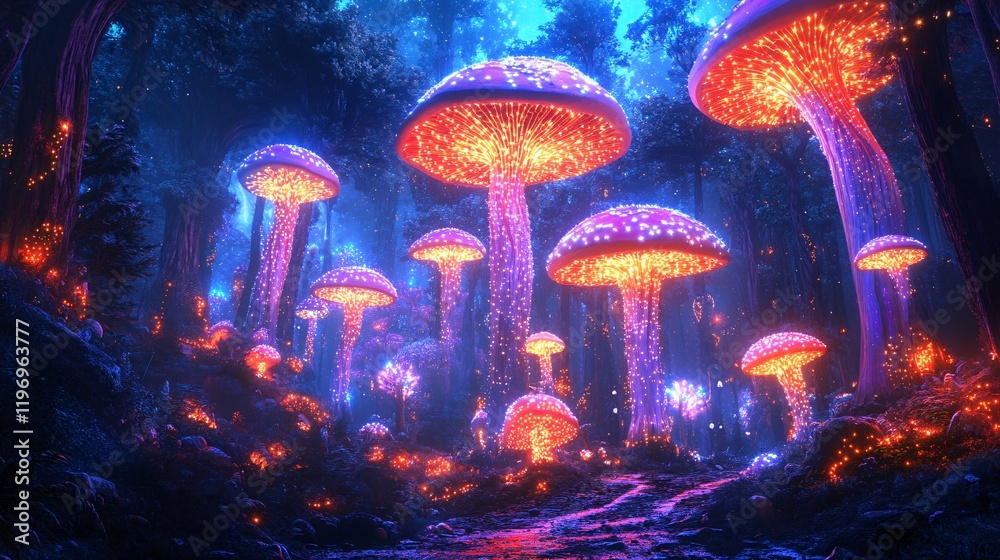 Obraz premium A whimsical forest with glowing neon-colored trees and sparkling mushrooms