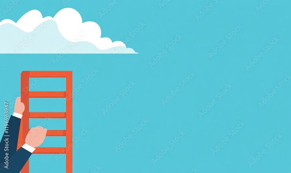 Development Attainment Motivation Career Growth Concept. Mans Hand Reaching For Red Ladder Leading To A Blue Sky, Generative AI Development Attainment Motivation Career Growth Concept. Mans Hand Reaching For Red Ladder Leading To A Blue Sky, Generative AI