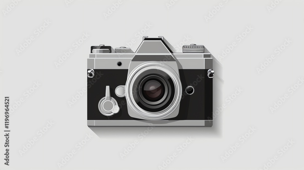A simple, stylized camera illustration with a red flower on top.