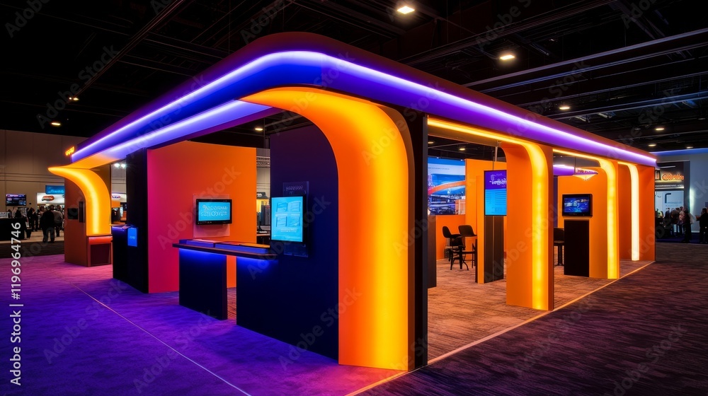 A modern exhibition booth with vibrant lighting and interactive displays. A modern exhibition booth with vibrant lighting and interactive displays.