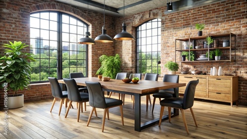 Rustic-chic dining room: brick wall backdrop, wooden table, black chairs accentuate modern design. photo