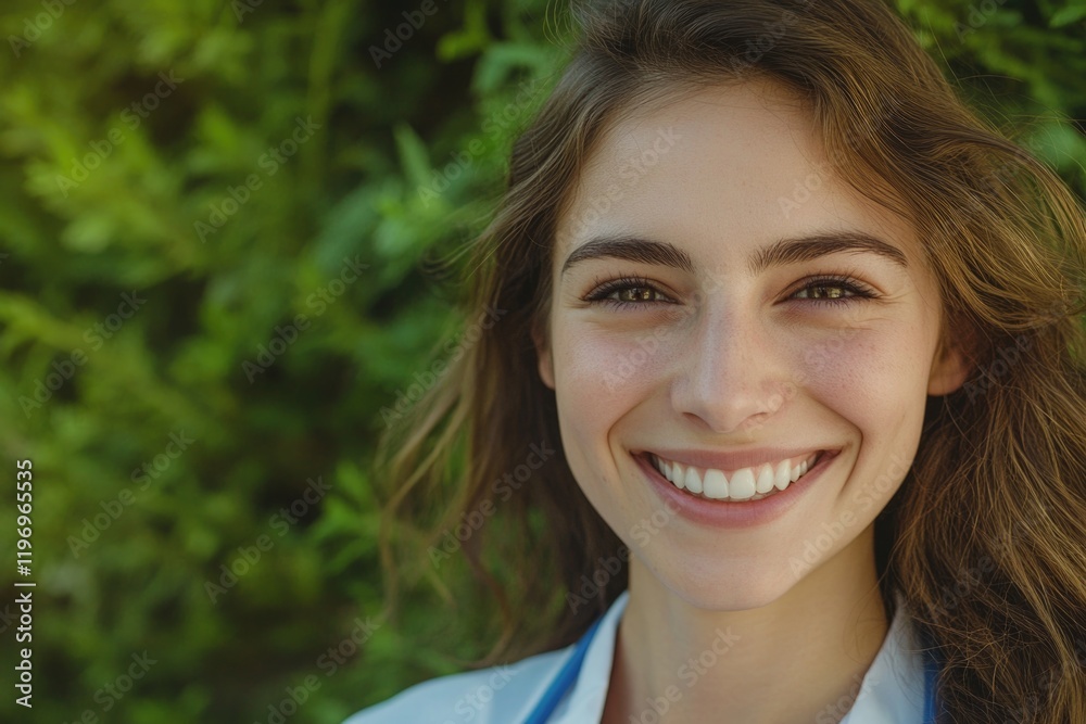 A person with long brown hair smiling directly into the camera lens A person with long brown hair smiling directly into the camera lens