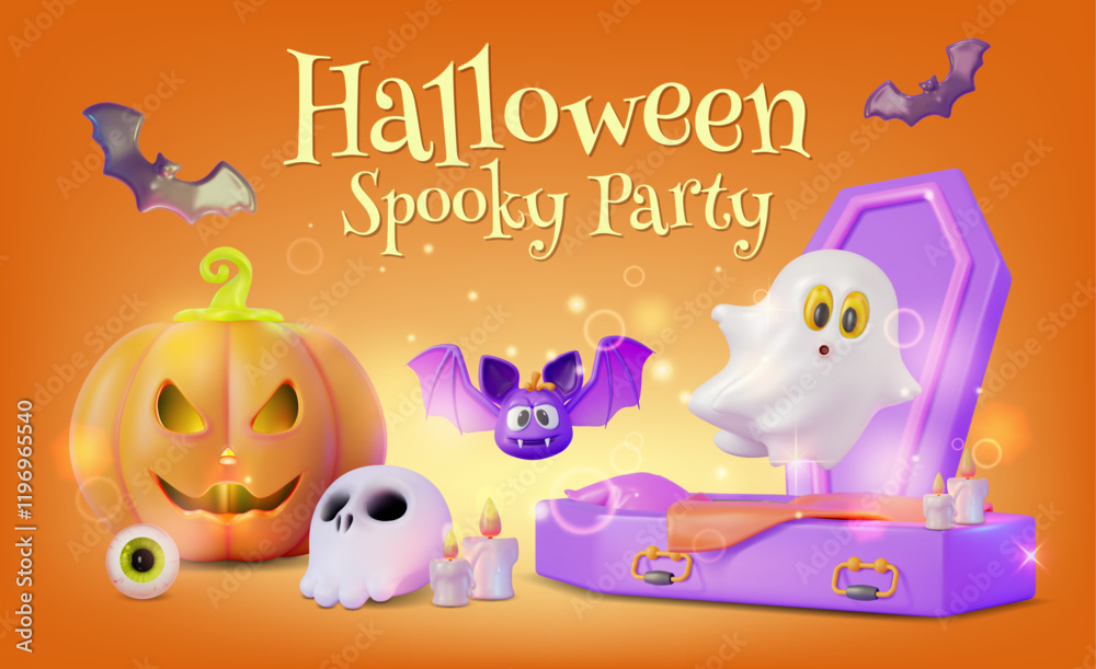 Fototapeta premium 3d Halloween Spooky Party Concept Banner Poster Card Template . Vector illustration of Fly Ghost, Pumpkin and Coffin
