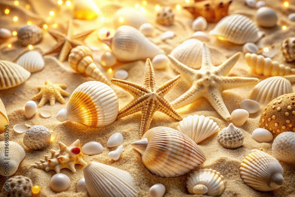 Sandy beach, sun-drenched shells and starfish overhead. Perfect summer travel design. Sandy beach, sun-drenched shells and starfish overhead. Perfect summer travel design.