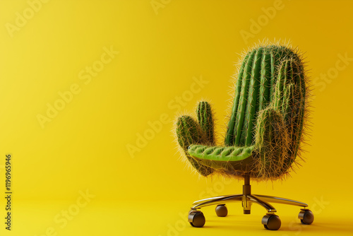 Office chair made of cactuses. Uncomfortable situation, hemorrhoids concept. Cactus leather, sustainable vegan alternative to animal leather. Green eco living, cruelty-free