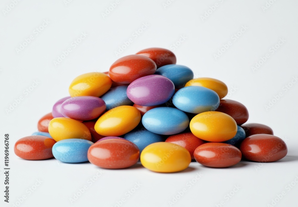 Colorful Candy Coated Chocolates Piled Neatly in a Bright and Cheerful Arrangement on a White Background Ideal for Sweet Treat Celebrations or Marketing Materials Colorful Candy Coated Chocolates Piled Neatly in a Bright and Cheerful Arrangement on a White Background Ideal for Sweet Treat Celebrations or Marketing Materials