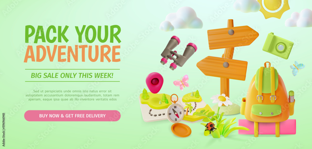 Φωτογραφία 3d Pack Your Adventure Sale Travel and Tourism Concept Ads Banner Poster Card