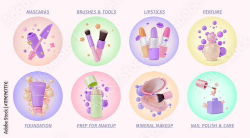 3d Makeup Categories Cosmetic Product Concept Ads Banner Poster Card. Vector illustration of Foundation, Mascara, Lipstick and Perfume Bottle