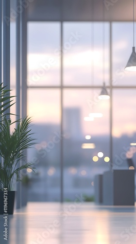 An attractive hazy view of a sleek modern office interior  complete with large windows and appealing illumination.