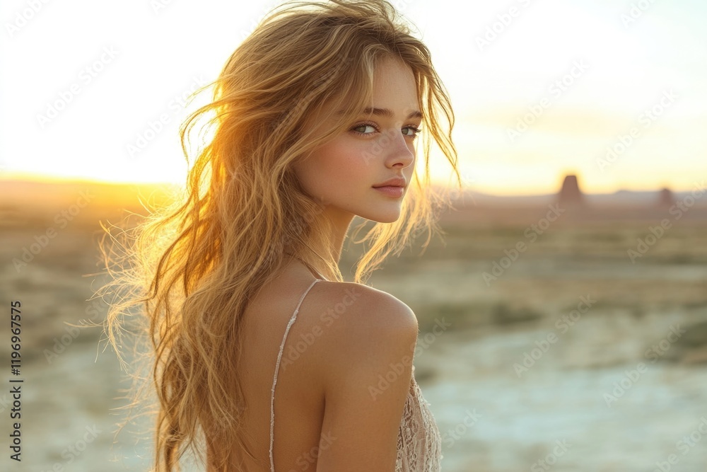 A woman with long hair stands alone in a vast desert landscape, possibly lost or searching for something A woman with long hair stands alone in a vast desert landscape, possibly lost or searching for something