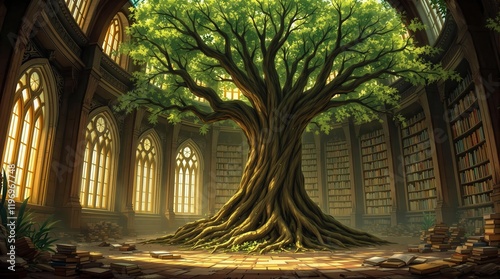A majestic tree grows in the center of a circular library, its roots spreading across the floor amidst scattered books. Sunlight streams through large windows, illuminating the scene