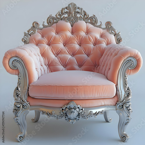 Elegant Pink Armchair with Ornate Silver Accents, Luxurious Vintage Furniture for Home Decor photo