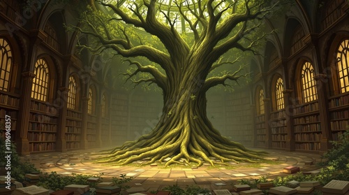 A majestic tree grows in the center of a circular library, its roots spreading across the floor amidst scattered books. Sunlight streams through large windows, illuminating the scene