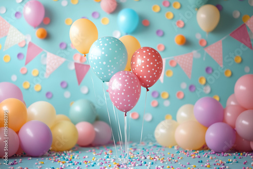 bright colorful birthday background, balloons, flags, garlands, cartoon style, cute, playful