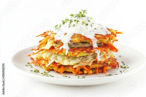 A stack of food placed on a white plate, ideal for use in recipe illustrations or as a symbol of abundance photo