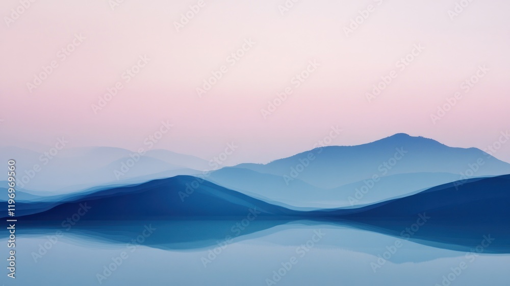 Serene blue mountains reflected in still water at dawn. Serene blue mountains reflected in still water at dawn.