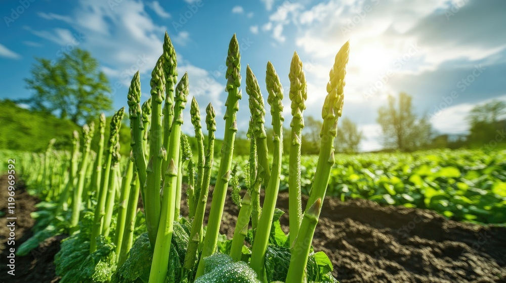 A field of green asparagus plants growing under a bright blue sky, with dew glistening on the stalks. A field of green asparagus plants growing under a bright blue sky, with dew glistening on the stalks.