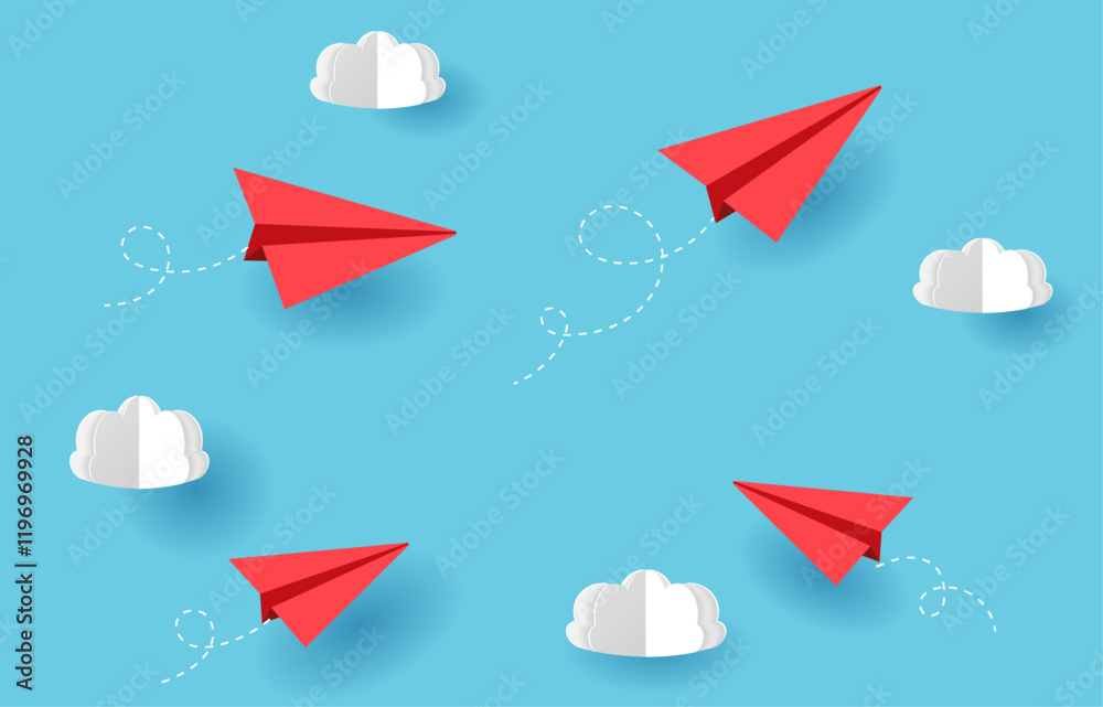   3d paper airplanes fly in the sky with paper cut clouds,  vector illustration. Background, banner concept. Red planes in the air