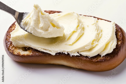 A slice of bread with a dollop of cream on top, served with a spoon photo