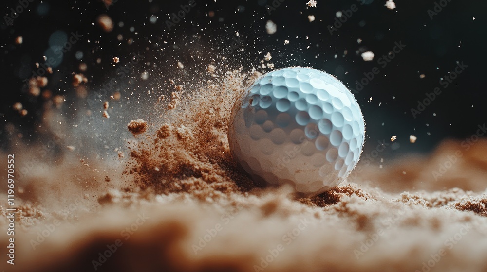 A golf ball exploding off a tee in a bunker, with sand grains caught in sharp focus against a blurred background. A golf ball exploding off a tee in a bunker, with sand grains caught in sharp focus against a blurred background.