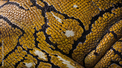 Detailed closeup of a vibrant yellow and black reticulated python scales