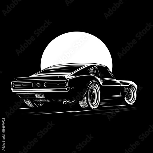 black car and the sun isolated on white colour illustration 