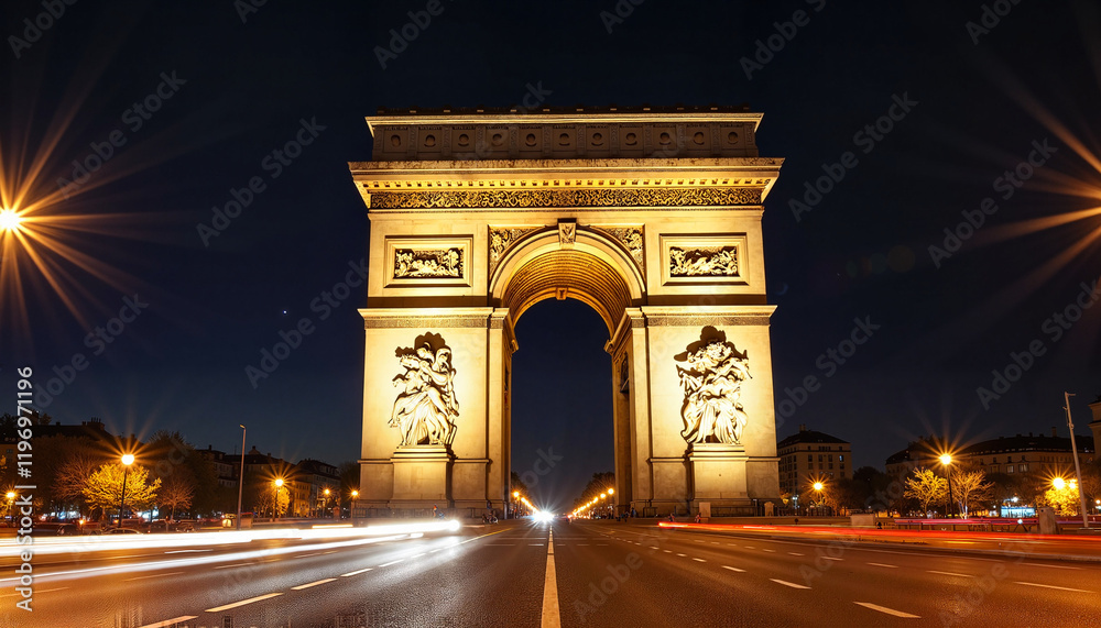 Illuminated Arc de Triomphe at night, majestic cityscape view Illuminated Arc de Triomphe at night, majestic cityscape view