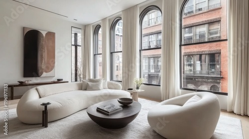 A serene interior of a minimalist living room featuring a neutral color palette  sleek furniture  and large windows that allow natural light to fill the space
