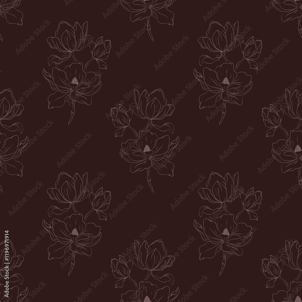 Beautiful magnolia pattern on dark background for elegant textile design and packaging Beautiful magnolia pattern on dark background for elegant textile design and packaging