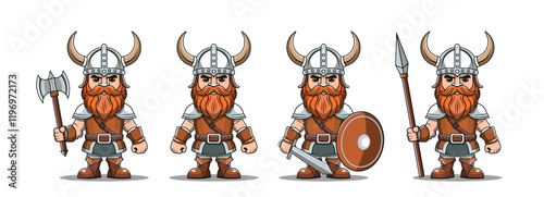 Vector set of childish toy soldiers. Cartoon comical ancient red bearded Vikings in armor, horned helmets with axe, sword, shield and spear. Northern Scandinavian toon warriors. White background