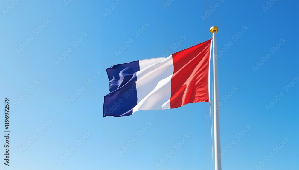 French flag waving against clear blue sky, symbol of liberty French flag waving against clear blue sky, symbol of liberty