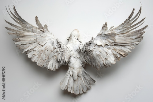 Sculptural bird, wings outstretched, monochromatic palette, detailed featherwork. photo