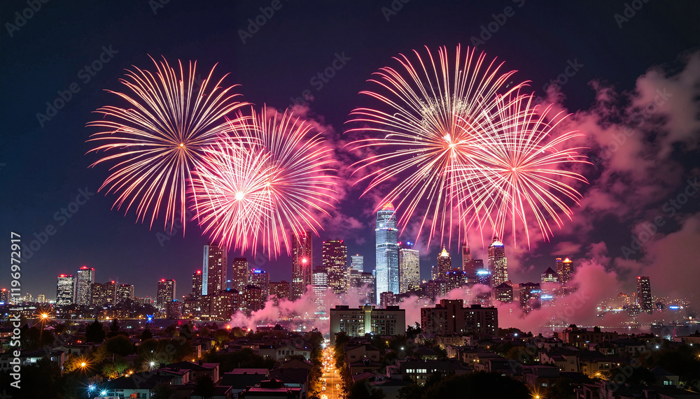 Vibrant fireworks exploding over city skyline at night, celebration Vibrant fireworks exploding over city skyline at night, celebration