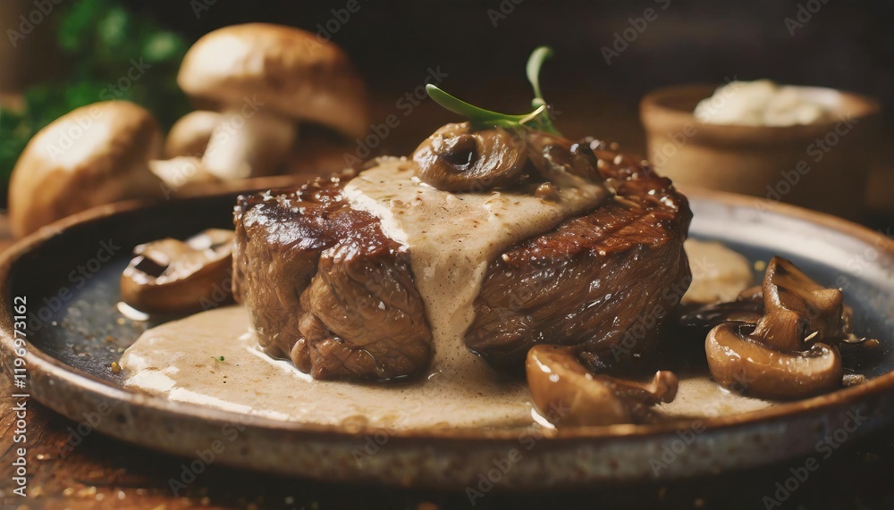 A delectable pan-seared steak, generously topped with creamy mushroom sauce and served alongside mushrooms A delectable pan-seared steak, generously topped with creamy mushroom sauce and served alongside mushrooms