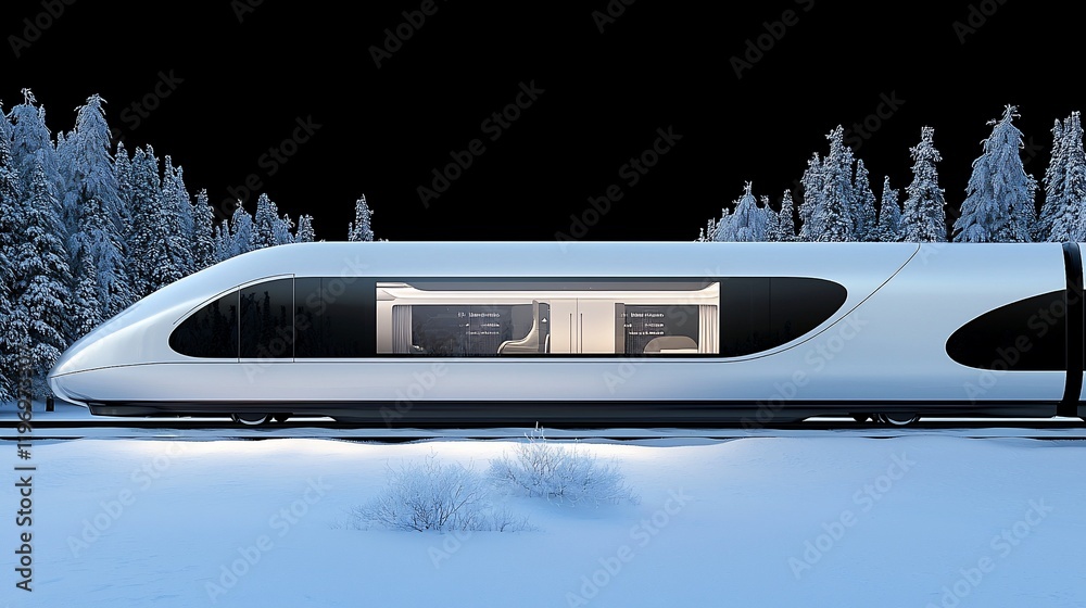 Fototapeta premium Futuristic high-speed train in snowy landscape.