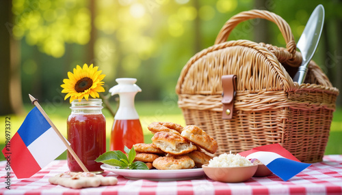 Cheerful picnic arrangement for Bastille Day in a sunny park, celebration photo