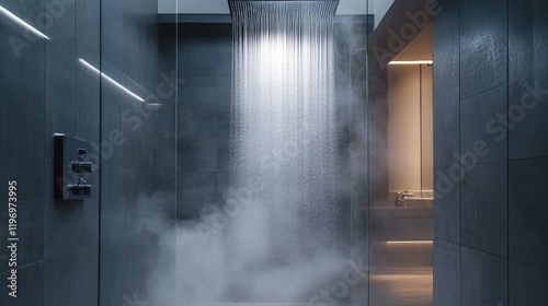 A modern bathroom featuring an electric water heater and a rain shower, with water flowing gently and steam filling the air. photo