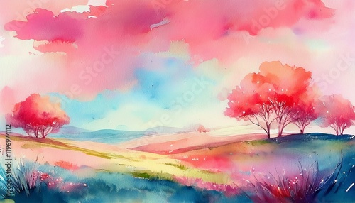 春の風吹く草原の風景画