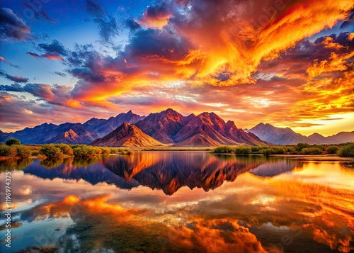 Vibrant sunset paints desert mountains, mirrored in a still lake; breathtaking landscape.