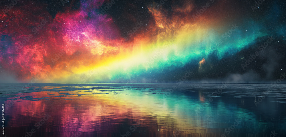 A magical rainbow aurora spreading across a serene night sky, reflecting vividly on an icy lake below. A magical rainbow aurora spreading across a serene night sky, reflecting vividly on an icy lake below.