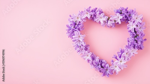 Purple hyacinth spring flowers arranged in a heart shape on a valentine pink background, creating a romantic and delicate composition copy space for your text